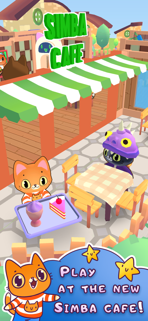 Simba Cafe - Two cute cartoon cats in a colorful outdoor cafe setting.