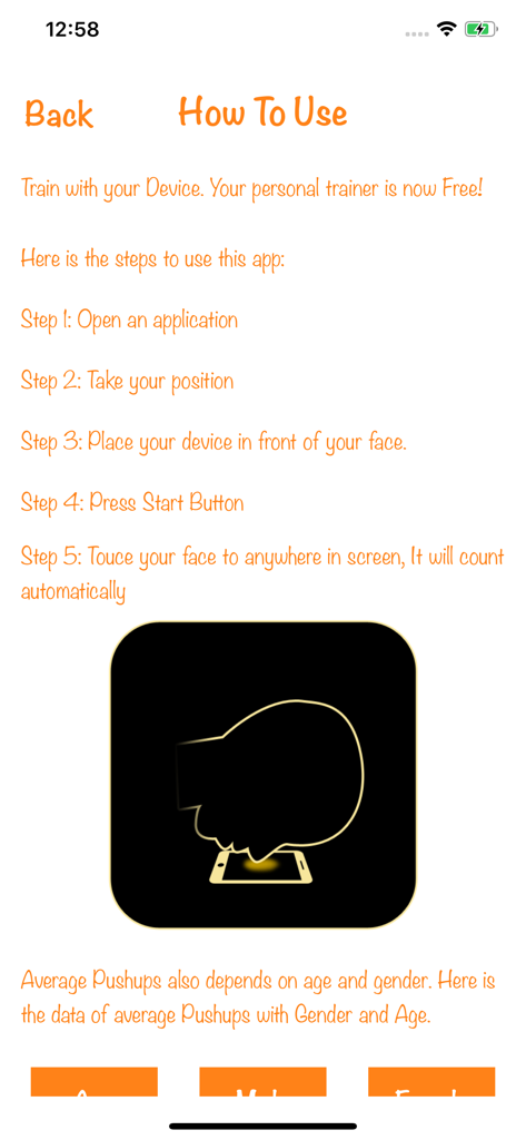 Push Ups Counter - Trainer - Instructions étape par étape pour l'application Compteur de pompes montrant la méthode de comptage par tapotement du nez