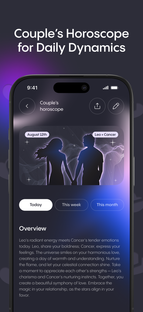 AstroBook: Astrology Insights - AstroBook mobile app interface displaying a daily couple horoscope for Leo and Cancer zodiac signs.