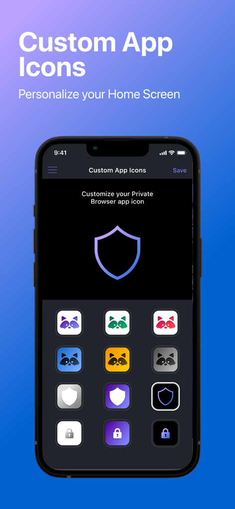 Private Browser Deluxe - A smartphone screen displaying a variety of custom app icon designs including raccoons and shields for personalizing the home screen in Private Browser Deluxe.