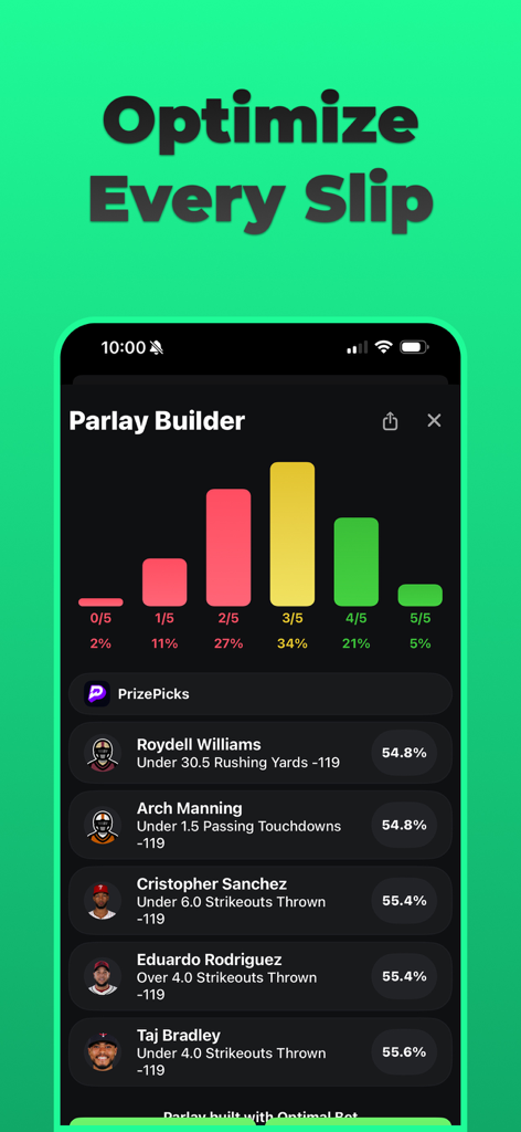 Optimal Bet app interface showing the Parlay Builder feature with a probability bar chart and player prop selections for sports betting