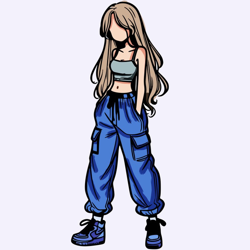 girl in baggy pants crop top and long hair