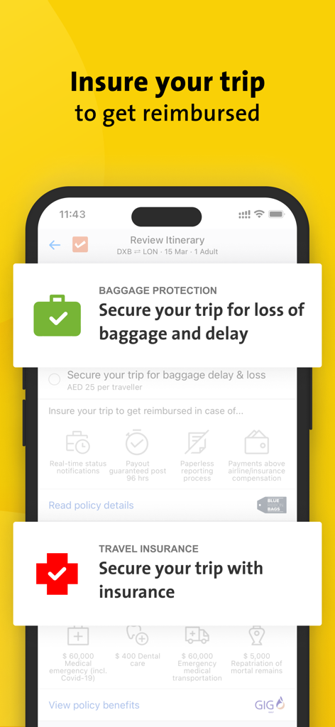 Cleartrip ME | Flight & Hotel - Cleartrip ME app screen showing travel insurance and baggage protection options
