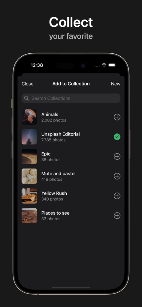Unsplash app interface on iPhone showing the Add to Collection screen with various user-created photo categories like Animals and Editorial.