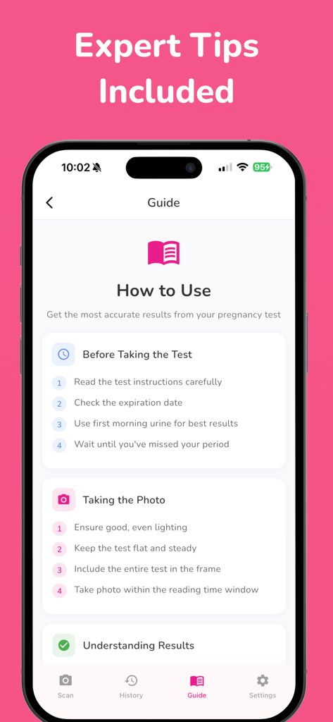 Pregnancy Test Checker AI + - Mobile app screen showing a guide with expert tips and step by step instructions for using the pregnancy test checker AI