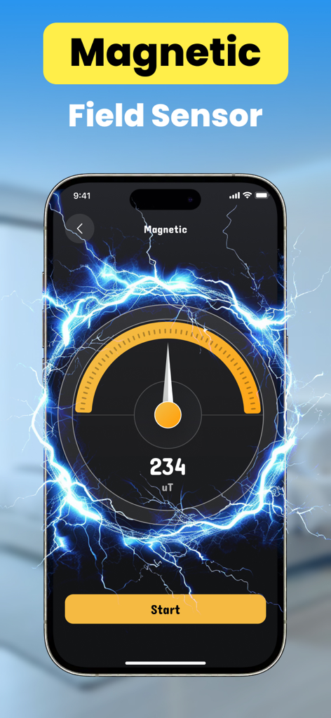 Una schermata di app per smartphone che visualizza un sensore di campo magnetico con un indicatore ed effetti di fulmine per rilevare dispositivi elettronici nascosti.