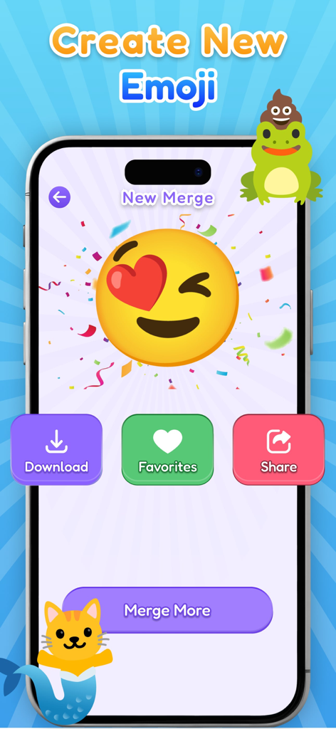 Emoji Merge & Mix Emoji Maker - Interfaz de la aplicación Emoji Merge y Mix que muestra un emoji creado personalizado con botones de descarga y compartir