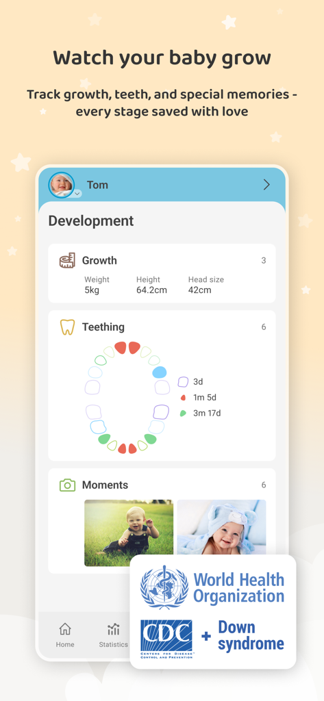 Baby Daybook app interface showing development logs for growth teething and baby photos with CDC and WHO health standards