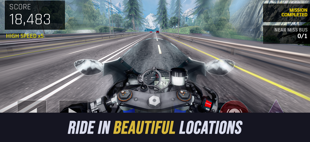 Real Moto Rider: Traffic Race - Vista em primeira pessoa de uma mota a correr numa autoestrada cénica