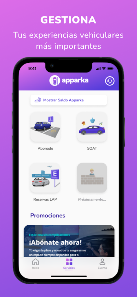 User interface of the Apparka app showing vehicle service options like parking subscriptions and insurance.