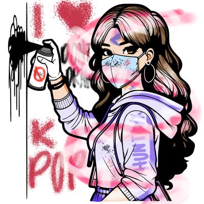 realistic girl with mask spray painting a wall