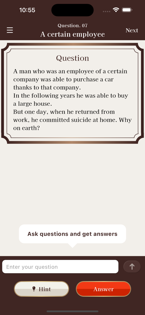 A lateral thinking mystery puzzle screen in the Situation Puzzle app featuring a story about a certain employee with a text input for AI interaction