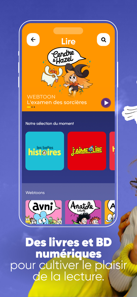 BayaM : Podcasts, jeux & films - Interface de l'application BayaM montrant des livres numériques et des bandes dessinées pour enfants