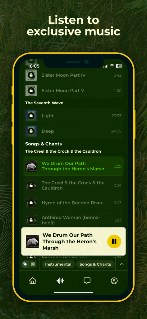Wildstream - Wildstream app interface showing a playlist of exclusive songs and chants