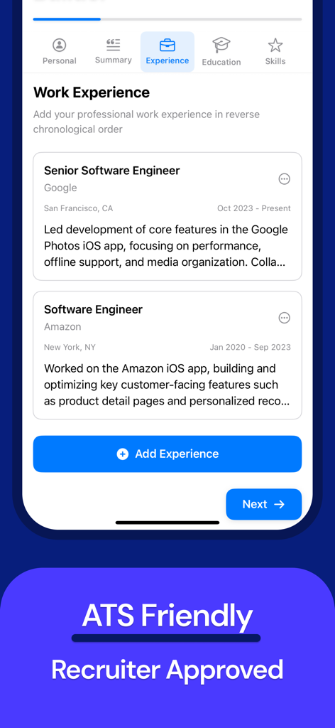 CV Maker - PDF + LaTeX - Mobile app UI for adding work experience in a resume builder with ATS friendly and recruiter approved labels