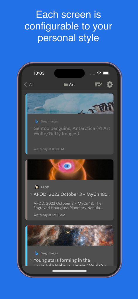 NewsBlur - NewsBlur App zeigt einen personalisierten RSS-Nachrichtenfeed mit Bildern und Schlagzeilen im Dunkelmodus.