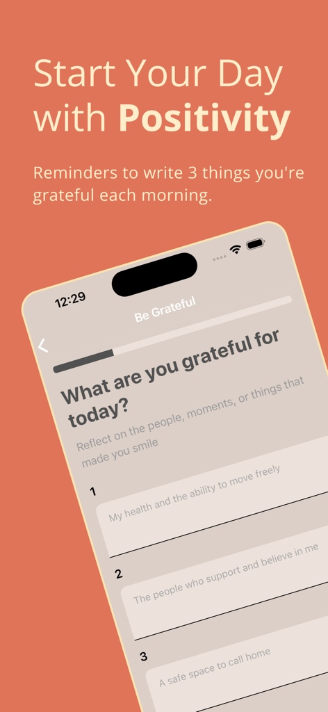 Gratitude Journal - Reflect - 3つの良いことについての朝の感謝のプロンプトを示すReflectアプリのインターフェース