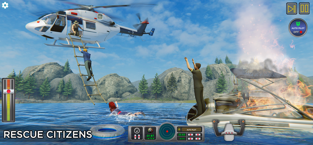 A helicopter performing a rescue mission from a burning boat in City Airplane Pilot Flight Sim.