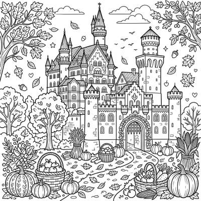 Step into a magical autumn landscape with this stunning fortress palace coloring page. Discover a scene filled with majestic architecture, falling leaves, and bountiful harvest decorations, perfect for a cozy creative escape.