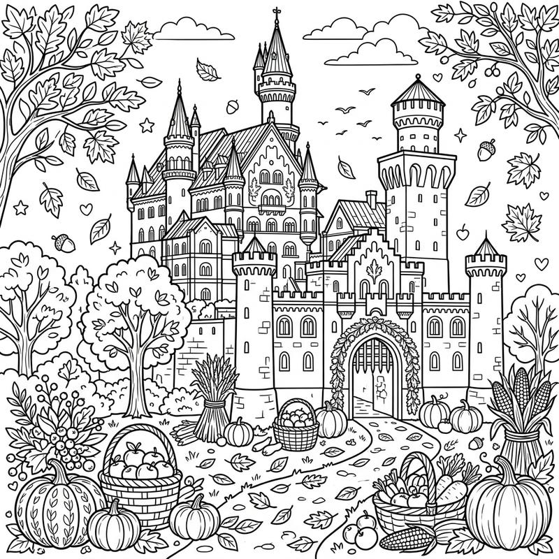 Step into a magical autumn landscape with this stunning fortress palace coloring page. Discover a scene filled with majestic architecture, falling leaves, and bountiful harvest decorations, perfect for a cozy creative escape.