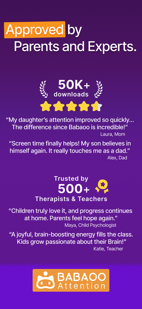 Témoignages d'utilisateurs et d'experts pour l'application Babaoo Maîtriser l'Attention montrant la confiance des parents et des thérapeutes.