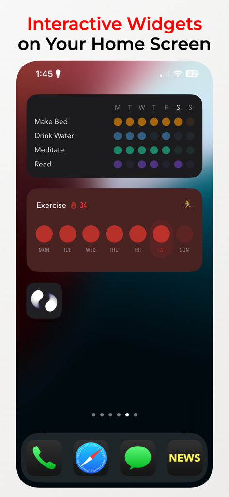 Interactive habit tracker widgets on an iPhone home screen showing daily progress and streaks for habits like exercise and meditation.
