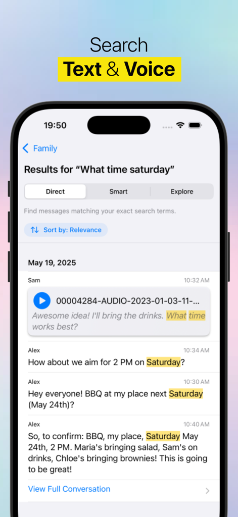Chat Archive – WhatsApp Backup - Interface of Chat Archive app showing search results for text and voice messages with highlighted keywords and transcriptions.