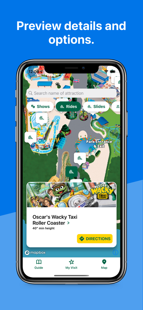 Sesame Place - Interfaz de la aplicación Sesame Place que muestra un mapa interactivo del parque con detalles de la atracción para la montaña rusa Oscar's Wacky Taxi
