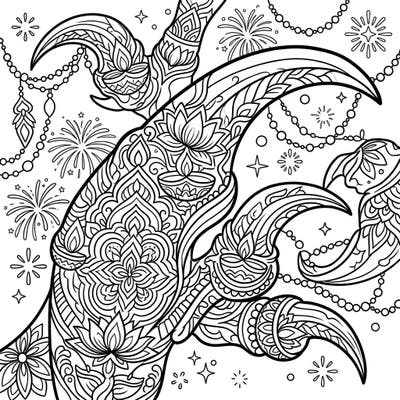 Discover a one-of-a-kind coloring experience with this thrilling Velociraptor Claws Diwali design. It beautifully blends ancient power with the vibrant spirit of the festival of lights, perfect for all ages.