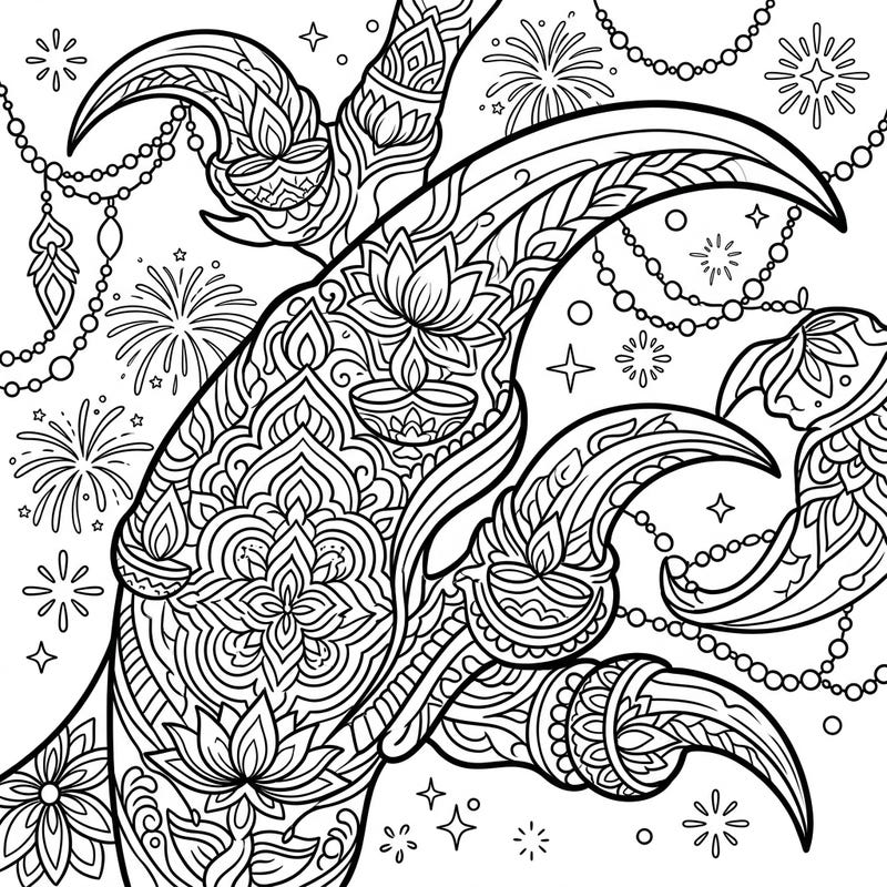 Discover a one-of-a-kind coloring experience with this thrilling Velociraptor Claws Diwali design. It beautifully blends ancient power with the vibrant spirit of the festival of lights, perfect for all ages.