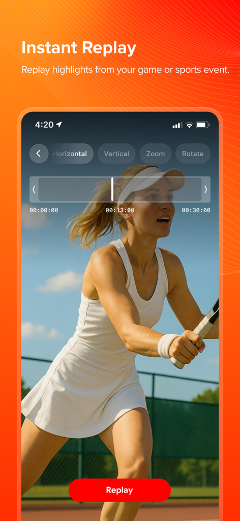 Live Now - Live Stream - Instant replay feature in the Live Now app showing a tennis player being edited for highlights.