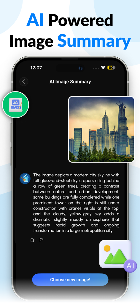 CleanerZ: Clean Phone Storage - Interfaz de la aplicación CleanerZ que muestra un resumen de imágenes impulsado por IA de un horizonte urbano