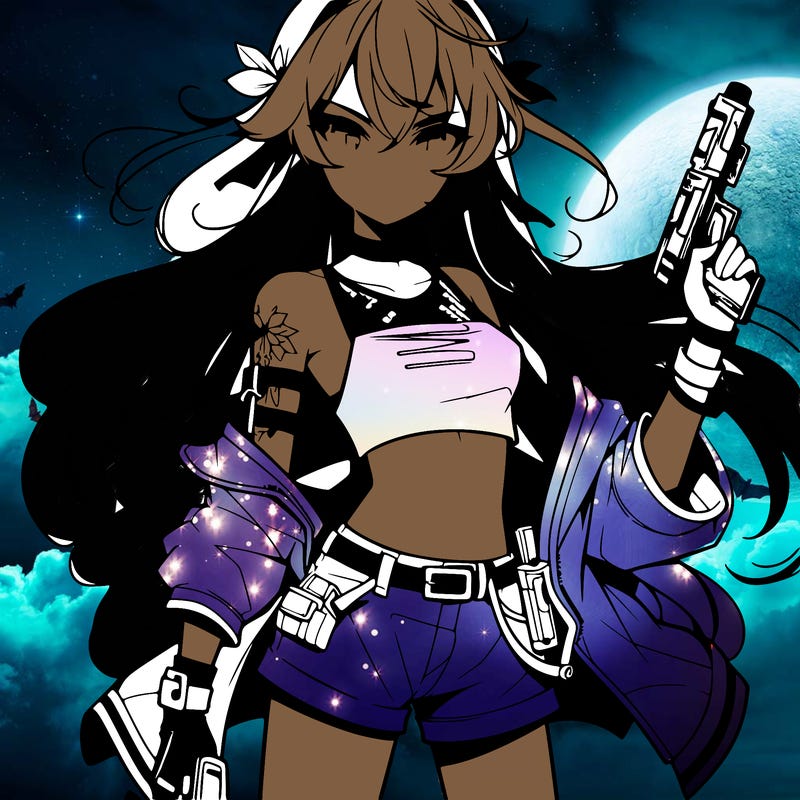 bad girl wearing crop top holding a gun long hair anime
