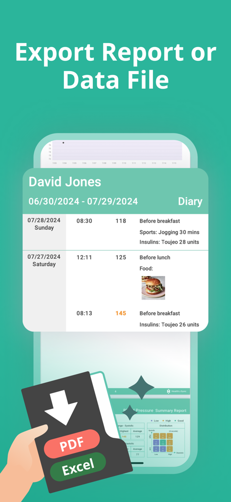 Health2Sync - Diabetes Tracker - Health2Sync app screen showing the export feature for diabetes health reports in PDF and Excel formats