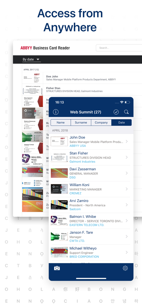 ABBYY Business Card Reader Pro App zeigt digitale Visitenkartenkontakte, die über mobile und Web-Geräte synchronisiert wurden