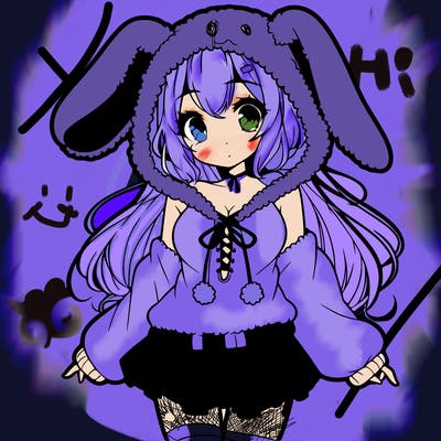 pretty anime girl wearing a fluffy hoodie with bunny ears on the hood and a skirt