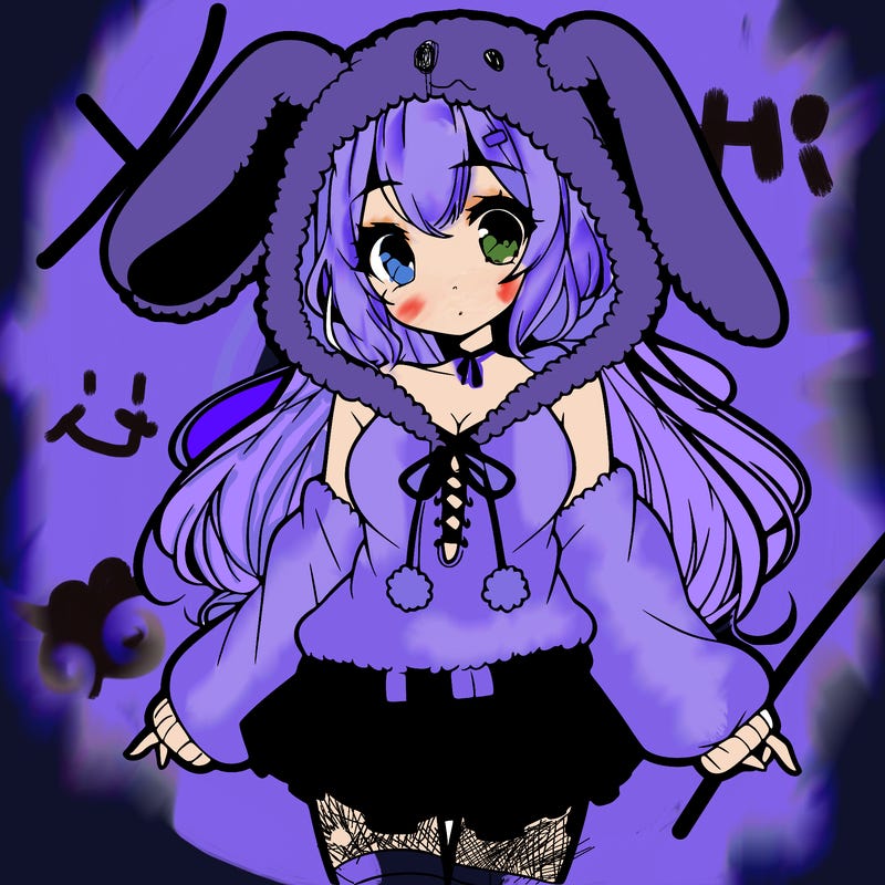 pretty anime girl wearing a fluffy hoodie with bunny ears on the hood and a skirt