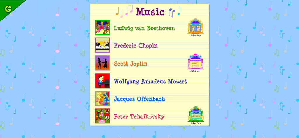 A list of classical music composers like Beethoven and Mozart in the Starfall its Fun to Read educational app