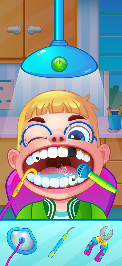 Cartoon boy receiving a dental checkup and tooth treatment in a dentist simulation game