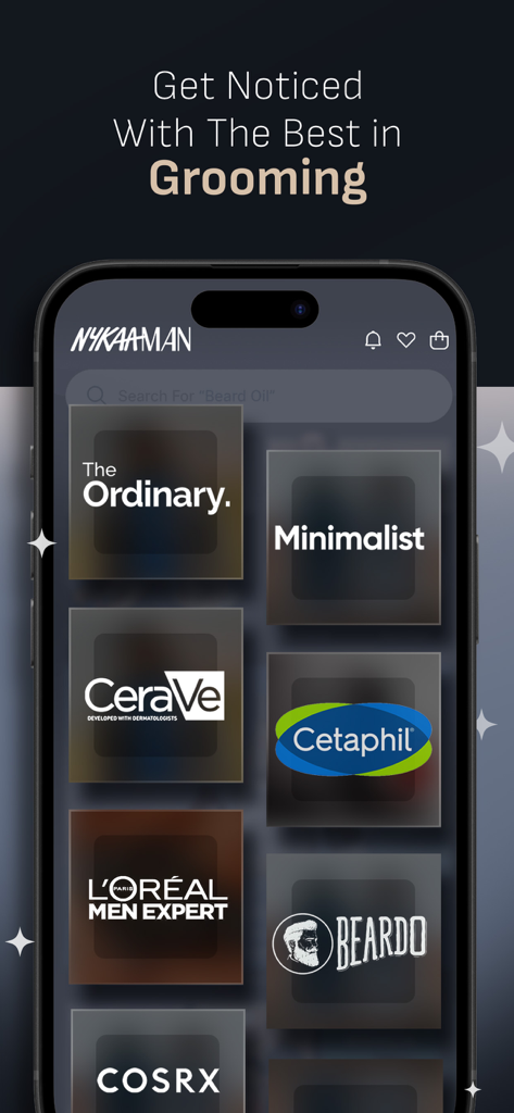 Nykaa Man App-Oberfläche, die beliebte Marken für Männerpflege wie The Ordinary und CeraVe anzeigt