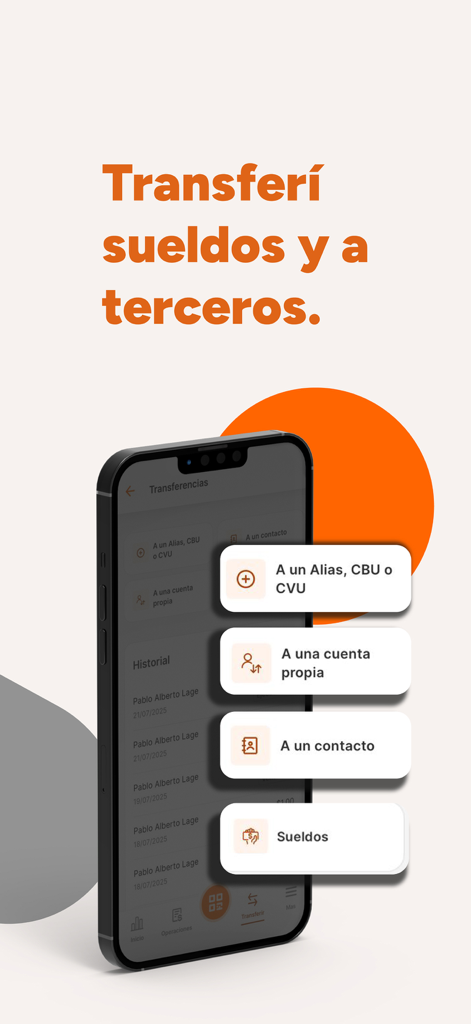 Mobile screen of Galicia Office app displaying transfer options for salaries and third parties