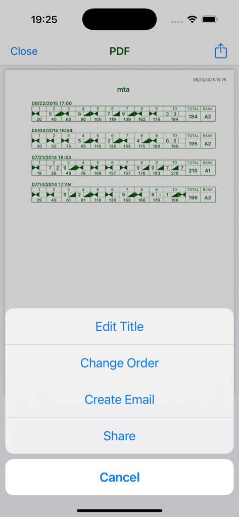 Exportation PDF de cartes de score de bowling dans l'application BNOTE avec un menu de partage