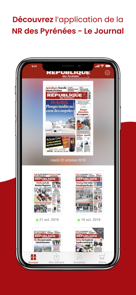 Interface de l'application mobile du Journal La NR des Pyrénées montrant un kiosque de journaux numériques avec les éditions du jour.
