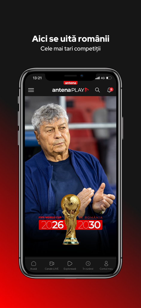 AntenaPLAY - AntenaPLAY app interface featuring Romanian sports content and FIFA World Cup promotion