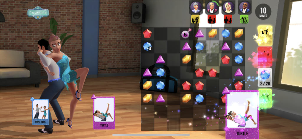 Dancing with the Stars : Game - Une capture d'écran du jeu mobile Danse avec les stars présentant un gameplay de puzzle match-3 et des danseurs animés en 3D.