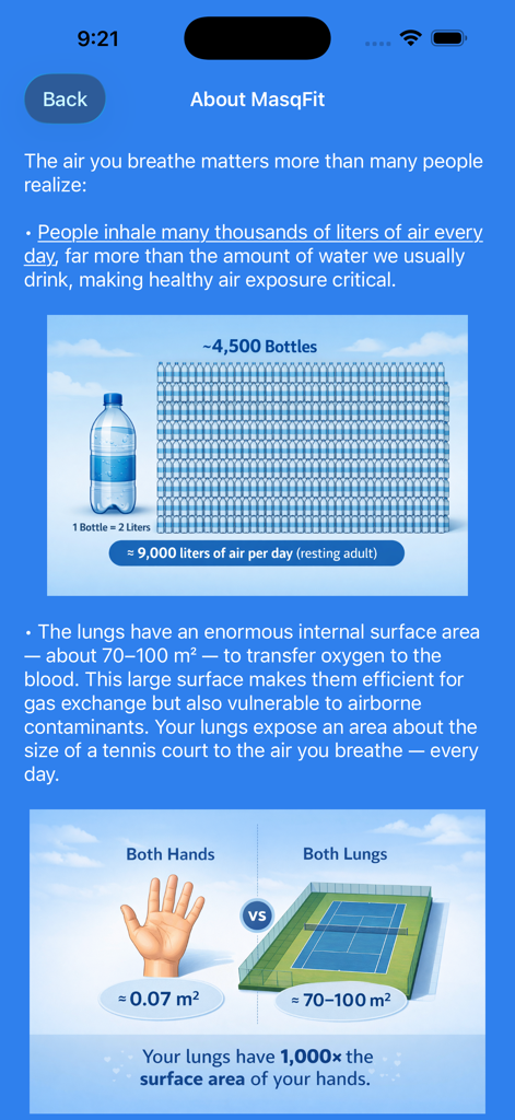 MasqFit - 하루 공기 섭취량과 물병 비교, 폐 표면적과 테니스 코트 비교를 보여주는 인포그래픽.