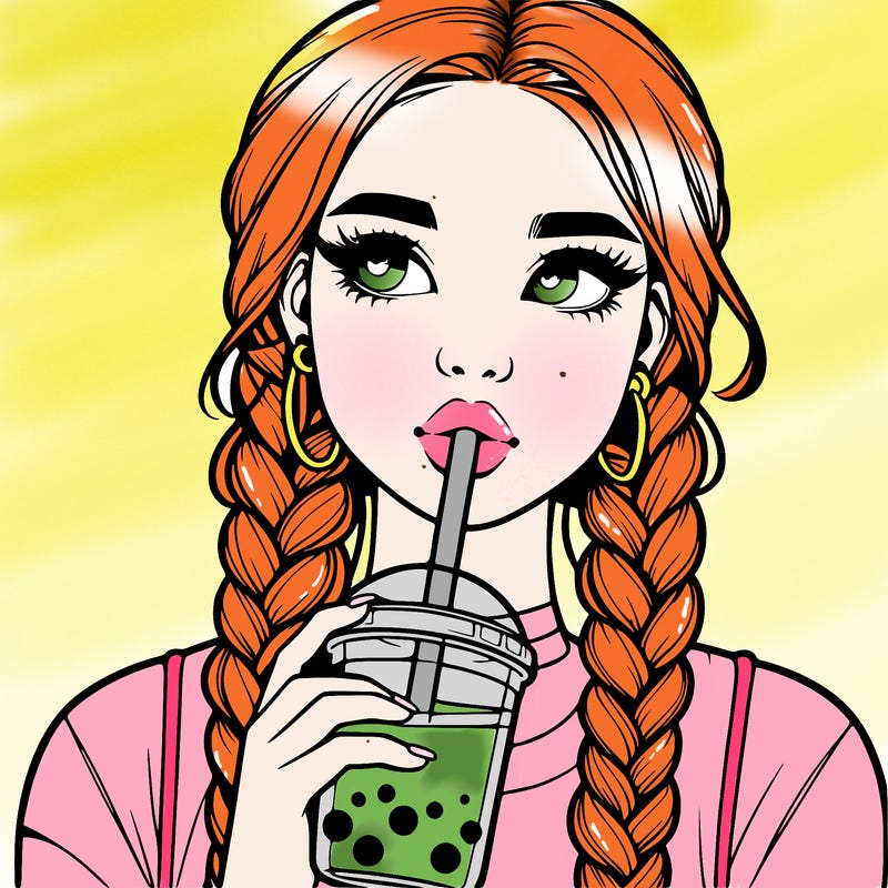 realistic girl with braided hair drinking boba