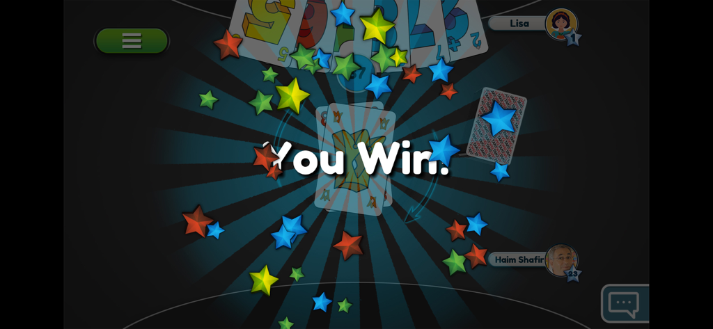 A victory screen in the TAKI card game showing a You Win message and colorful stars