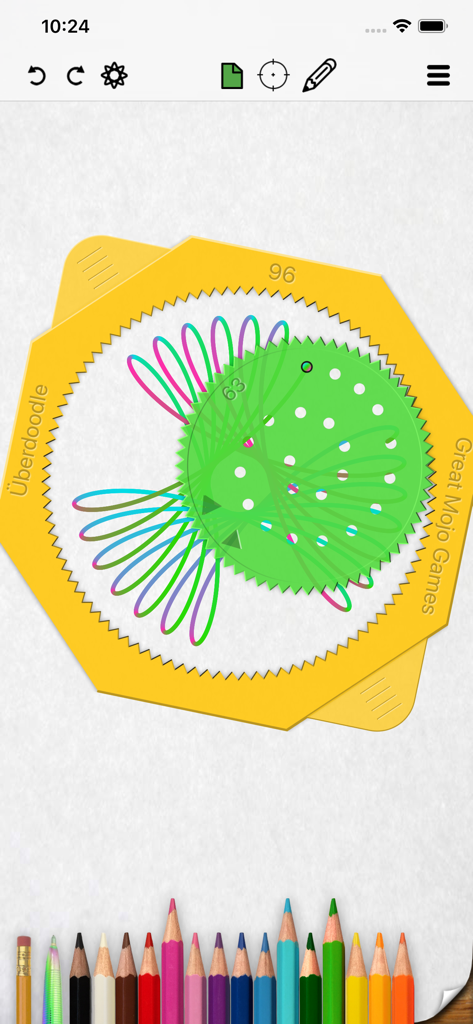 Überdoodle - Una interfaz de espirógrafo digital en Uberdoodle que muestra un engranaje verde creando un patrón geométrico colorido dentro de un anillo amarillo con lápices de colores en la parte inferior