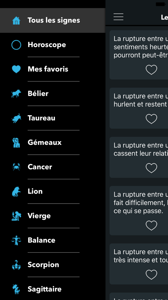 Le Vrai Horoscope - Menu de navigation latéral de l'application Le Vrai Horoscope listant divers signes du zodiaque.